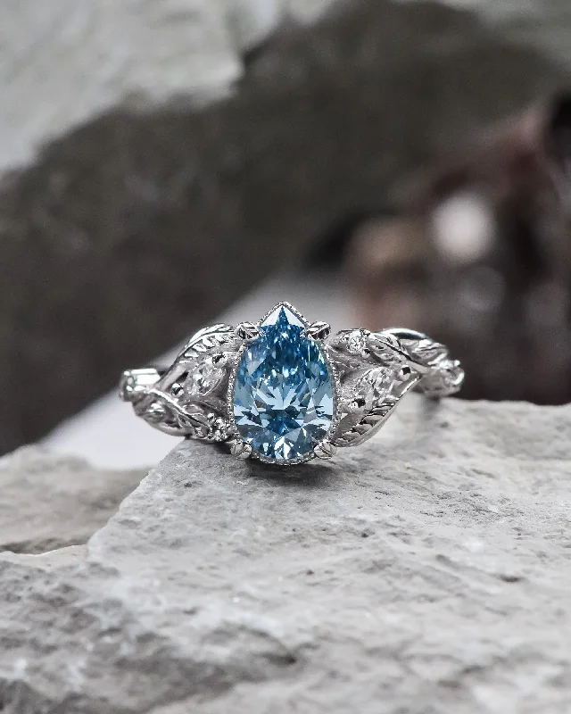 Blue lab grown diamond engagement ring, white gold nature inspired ring with leaves and diamonds / Patricia