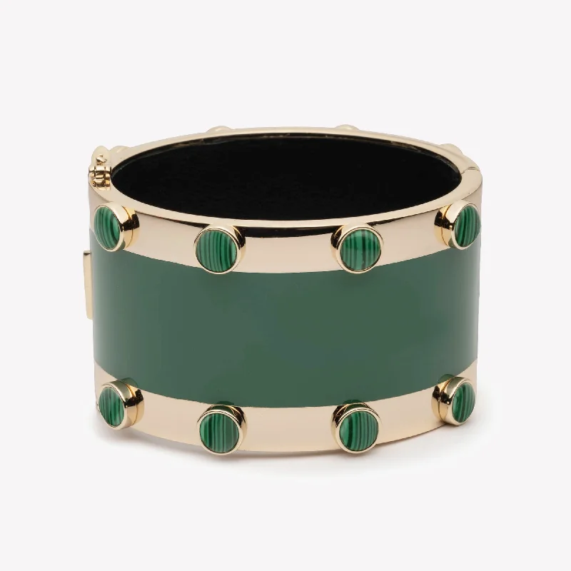 luxury charm bracelets for women-INLAID CABOCHON CUFF - MALACHITE