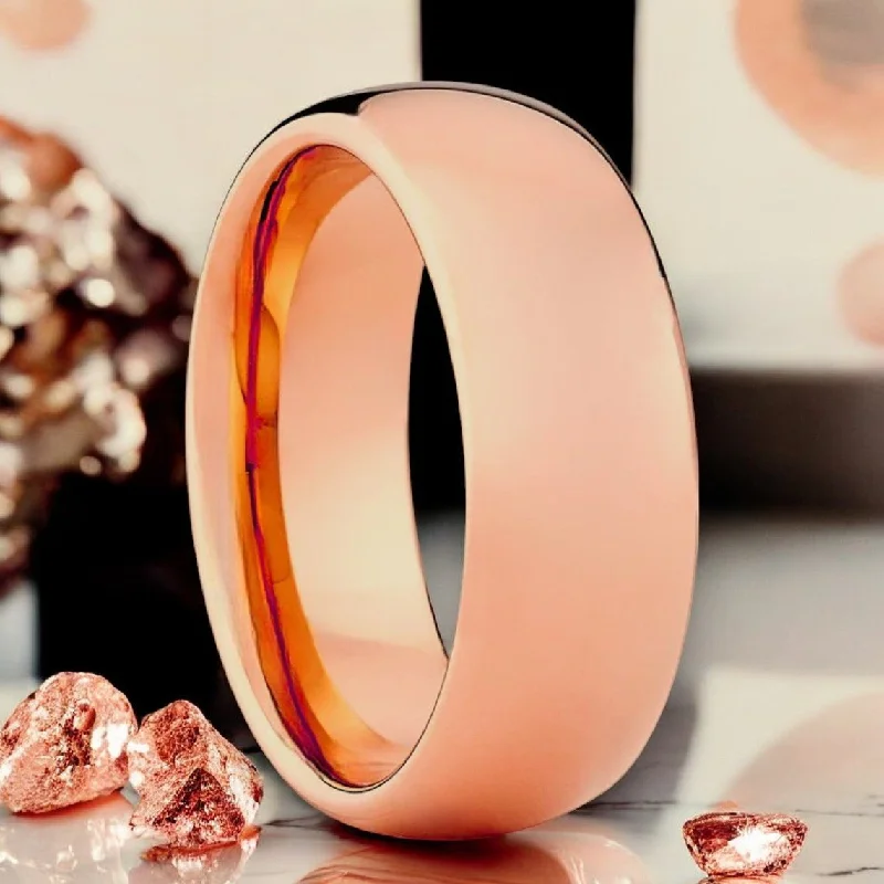 romantic engagement rings for women-FANATIC | Rose Gold Tungsten Ring, Shiny High Polished, Domed