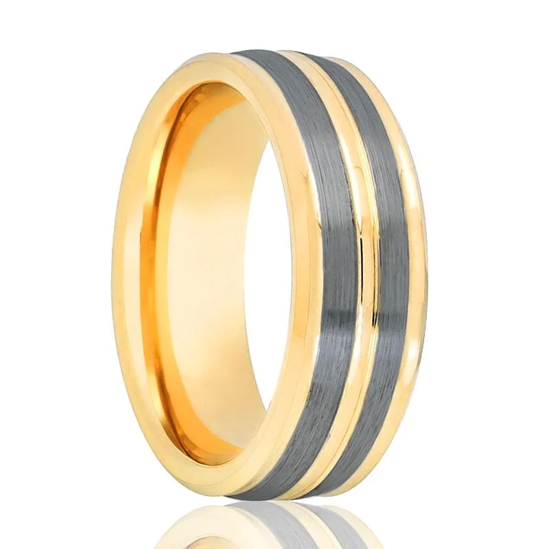 luxurious diamond engagement rings for women-DUNCE | Gold Tungsten Ring, 2 Pinstripe Grooves, Beveled