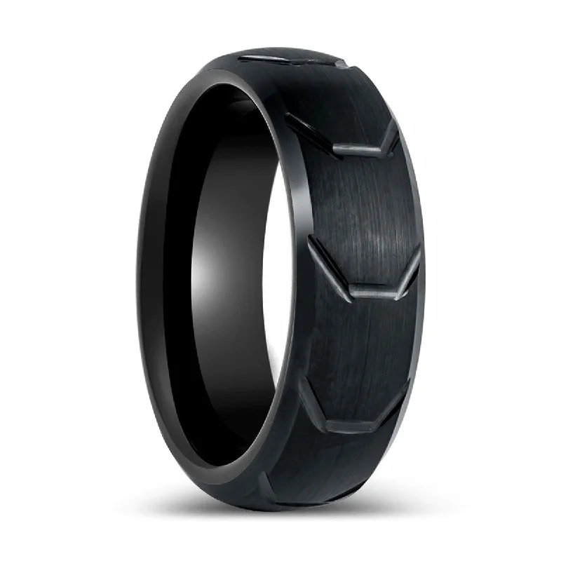 hand-crafted engagement rings for women-GRYPHON| Black Tungsten Ring with Tire Thread Center Beveled Edge