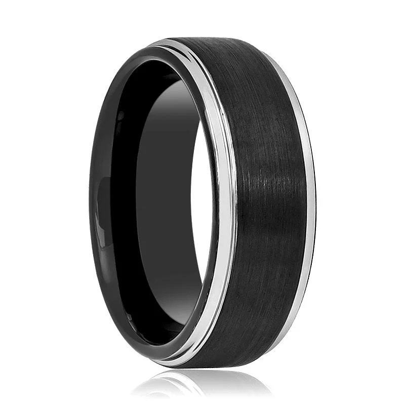 sapphire engagement rings for women-LIGARIUS | Black Tungsten Ring, Silver Stepped Edge