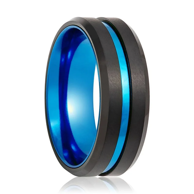 unique gemstone engagement rings for women-LELRA | Blue Tungsten Ring, Blue Groove, Beveled