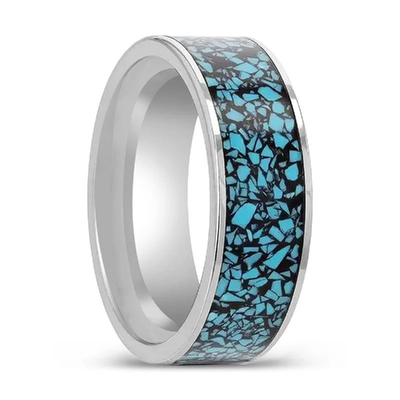 high-end engagement rings for women-TURKUAZ | Tungsten Ring, Crushed Turquoise Inlay, Flat Polished Edges