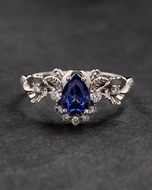 Flower engagement ring with lab sapphire and diamonds / Adelina