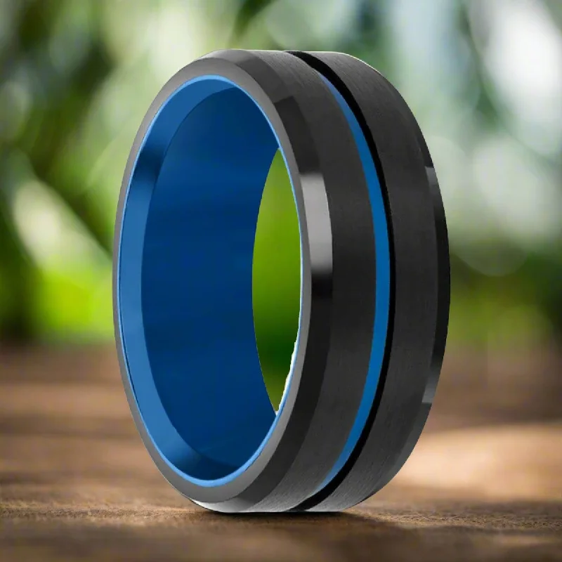 unique wedding engagement rings for women-BLUEWAVE | Blue Tungsten Ring, Brushed, Blue Grooved Center, Beveled