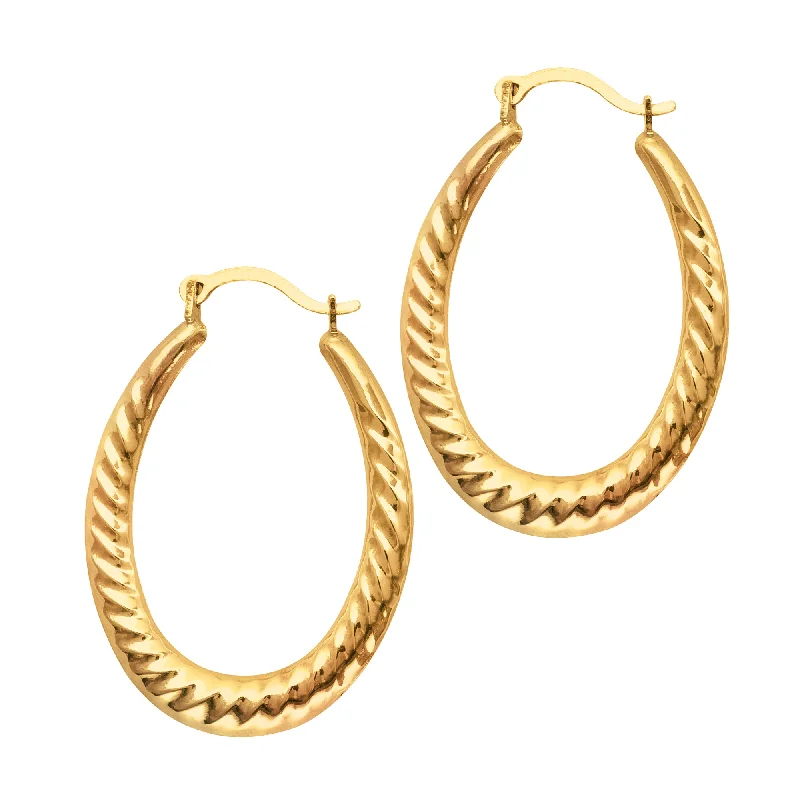 vintage-inspired earrings for women-14K Yellow Gold Shiny Textured Oval Shape Hoop Earrings, Length 30mm