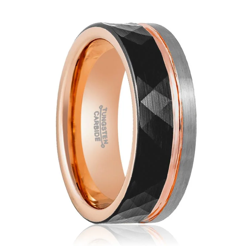 halo diamond engagement rings for women-GUSTAVO | Rose Gold Tungsten Ring, Black Faceted, Flat