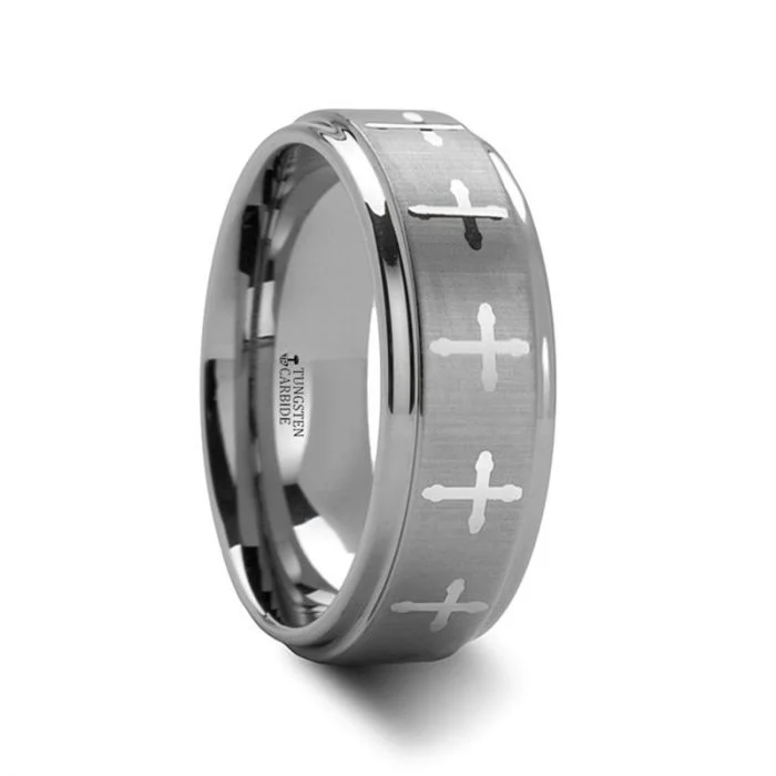 rare engagement rings for women-TRINITY | Tungsten Ring Engraved Crosses