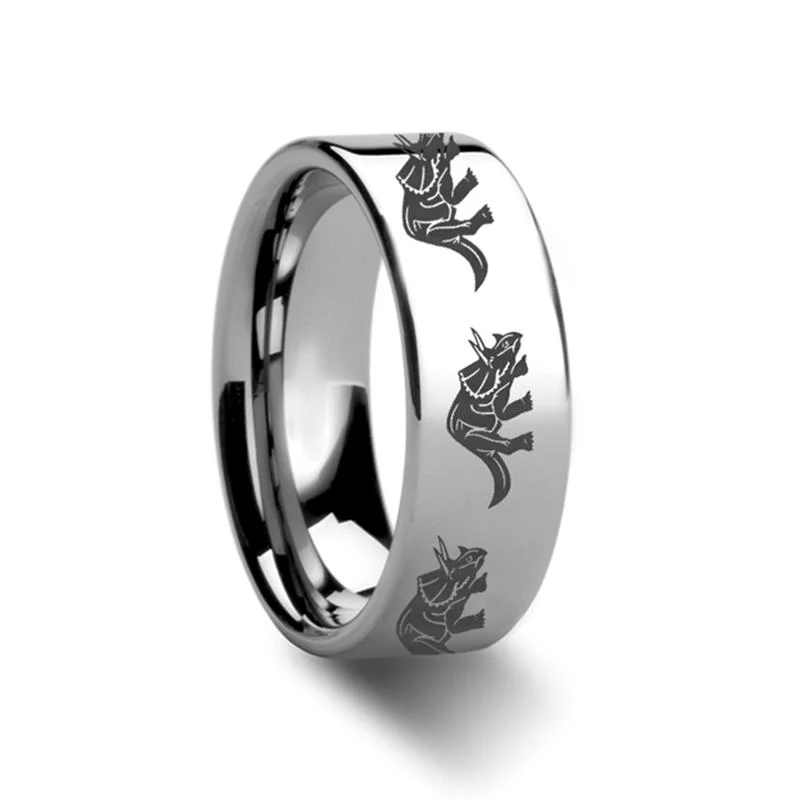 bridal set engagement rings for women-Triceratops Dinosaur Print Engraved Flat Tungsten Carbide Couple Matching Ring - 4MM - 12MM