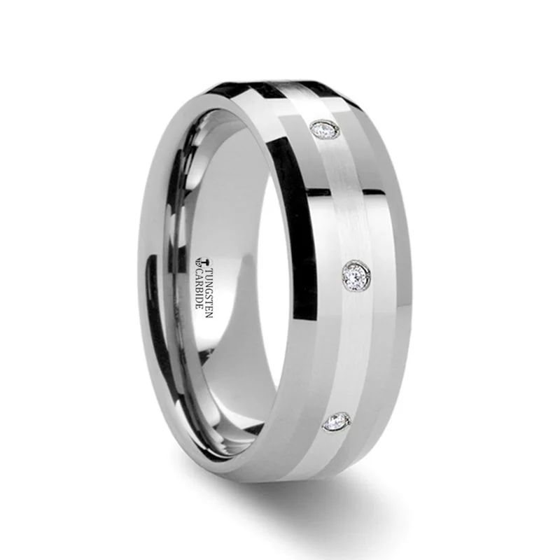 affordable custom engagement rings for women-STAFFORD | Diamond Tungsten Ring Silver Inlay