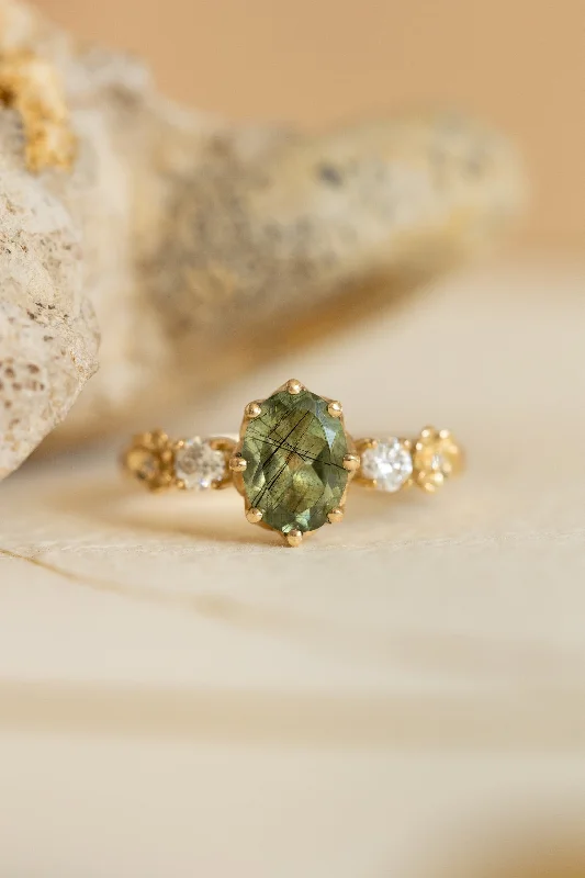 Rutile peridot engagement ring, flower engagement ring with diamonds / Fiorella