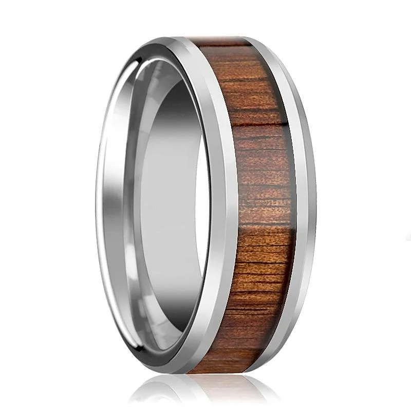 high-end engagement rings for women-KONA | Silver Tungsten Ring, Koa Wood Inlay, Beveled