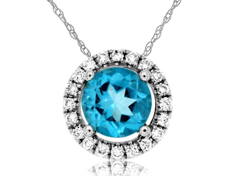 floral necklaces for women-Blue Topaz & Diamond Pendant 14K White Gold (98920)