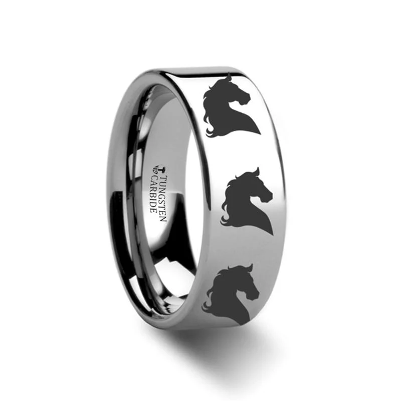 modern engagement rings for women-Horse Head Print Laser Engraved Flat Polished Tungsten Couple Matching Ring - 4MM - 12MM