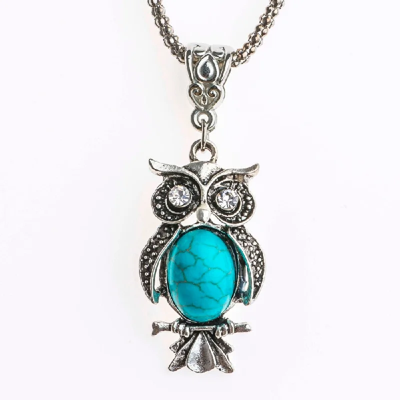 vintage-inspired necklaces for women-Bohemian Crystal Eyes Blue Natural Stone Owl Charm Necklace - Fashion Jewelry