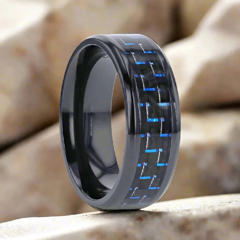 classic bridal engagement rings for women-ZAYDEN | Black Titanium Ring, Blue & Black Carbon Fiber Inlay, Beveled