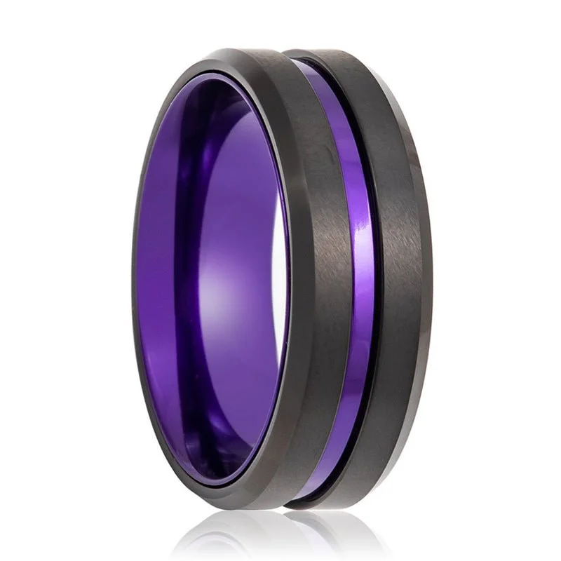 hand-crafted engagement rings for women-EMERY | Purple Tungsten Ring, Purple Groove, Beveled