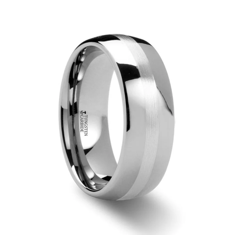 rare engagement rings for women-CASSIUS | Silver Tungsten Ring, Sterling Silver Inlay, Domed