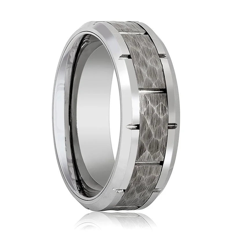 two-stone engagement rings for women-GURNEY | Silver Tungsten Ring, Hammered, Notches, Beveled