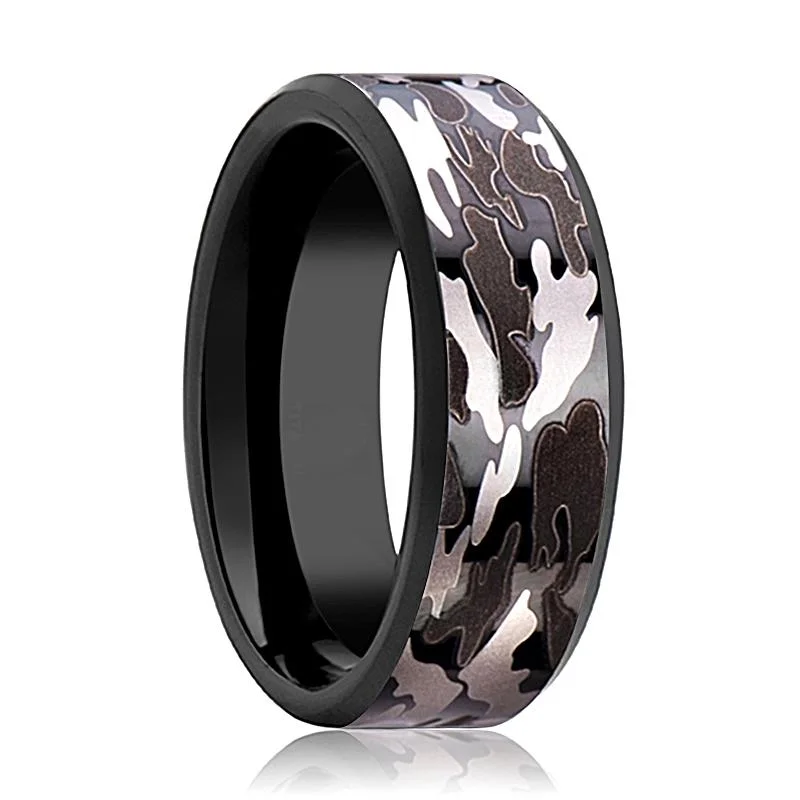 hand-crafted engagement rings for women-Men's Black Tungsten Wedding Band with Black & Gray Camo Inlay and Bevels - 8MM