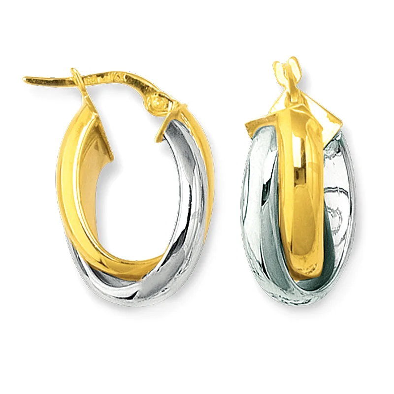 fashion dangle earrings for women-14K Yellow And White Gold Round Shape Two Tone Double Row Hoop Earrings