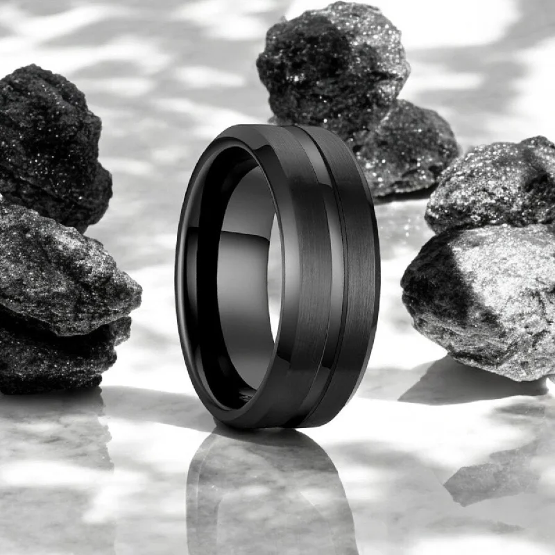 rose gold engagement rings for women-SQUAD | Black Tungsten Ring, Black Shiny Groove, Beveled