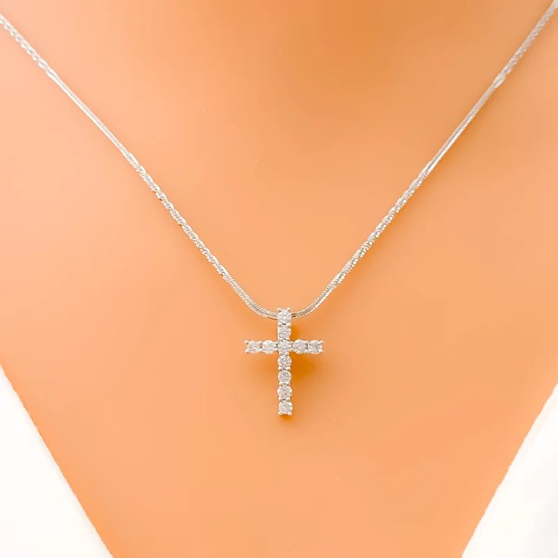 silver necklaces for women-Shimmering Sleek Diamond + 18k Gold Cross Necklace