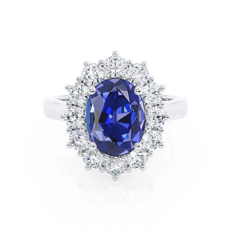 DIANA - Chatham® Blue Sapphire & Lab Diamond 18k White Gold Halo