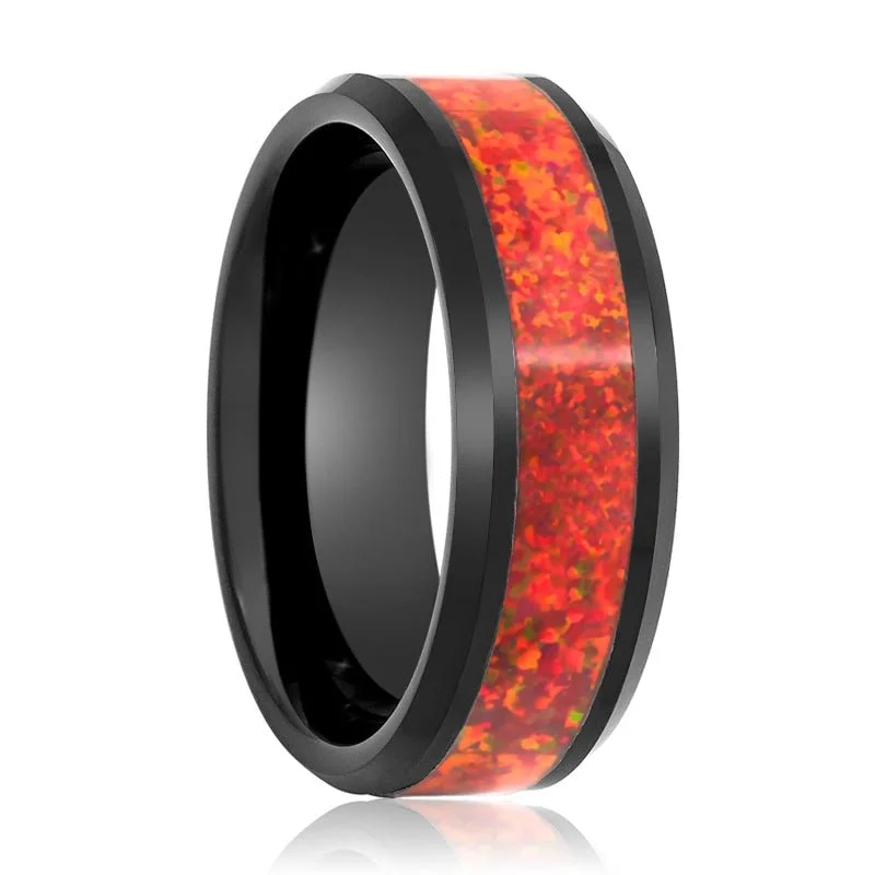 unique solitaire engagement rings for women-THUNDER | Tungsten Ring Red Fire Opal Inlay