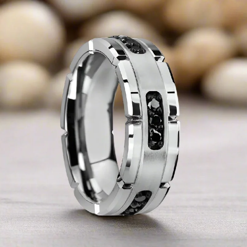 classic wedding engagement rings for women-VALOR | Silver Tungsten Ring, Silver Inlay & Black Diamonds