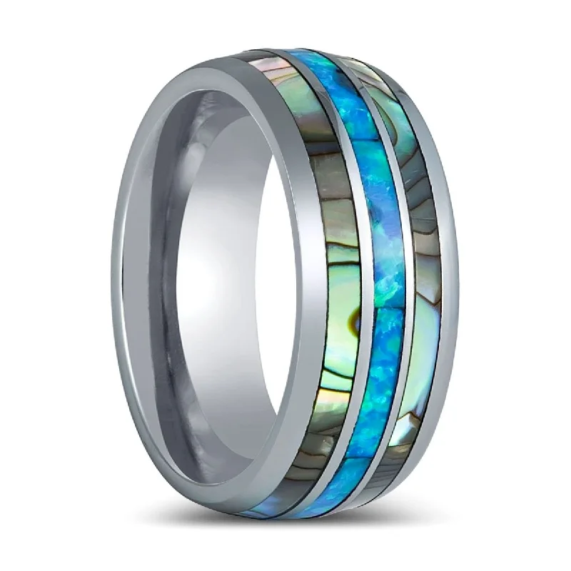 custom wedding engagement rings for women-IRIDIAN | Silver Tungsten Ring, Domed Ring, Opal & Pearl Inlay