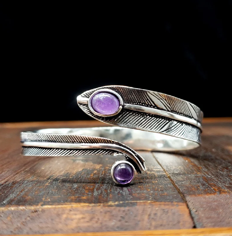 large gold bangles for women-Amethyst Feather Arm Cuff