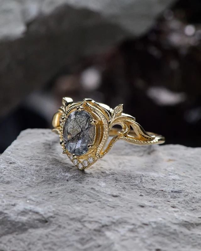 Oval-cut rutile quartz engagement ring with accent diamonds / Lida