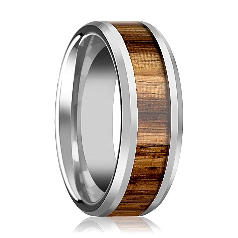 engagement rings with side stones for women-PALMALETTO | Silver Tungsten Ring, Zebra Wood Inlay, Beveled