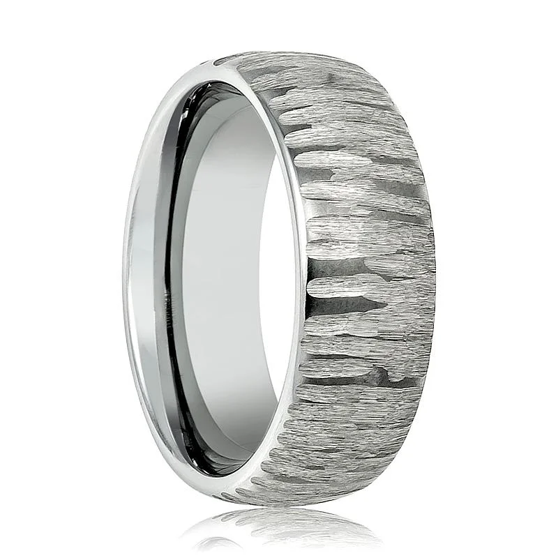 classic wedding engagement rings for women-ARBORIX | Silver Tungsten Ring, Tree Bark Carved Textured, Domed