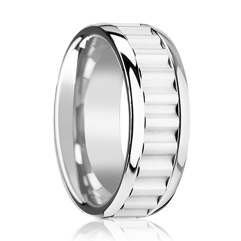 forever engagement rings for women-CUTLASS | Silver Tungsten Ring, Gear Teeth Inlay, Domed