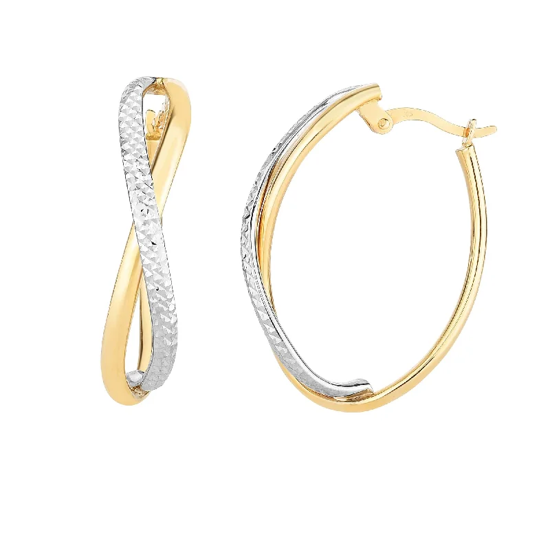 elegant gold earrings for women-14K Yellow And White Gold Diamond Cut Two Tone Infinity Oval Hoop Earrings