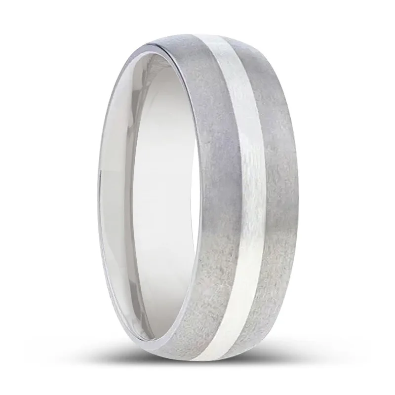 elegant engagement rings for women-REN | Titanium Ring, Silver Inlay, Domed Brushed finished Edges