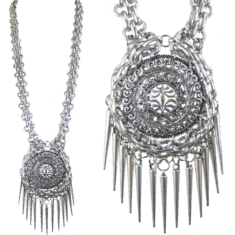 silver chain necklaces for women-#1065n Long Silver Tone Chain & Filigree Pendant Necklace With Spike Fringe