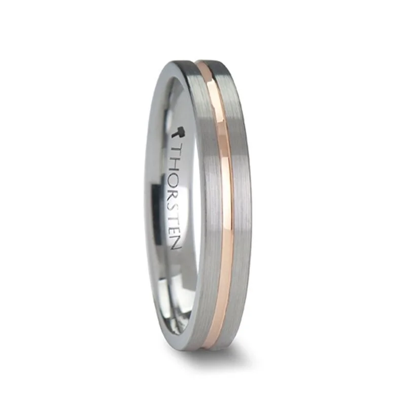 modern engagement rings for women-ZEUS | Silver Tungsten Ring, Rose Gold Groove, Flat