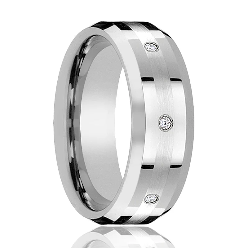 vintage-inspired engagement rings for women-DEVONSHIRE | Silver Tungsten Ring Palladium Inlay & Diamonds, Beveled