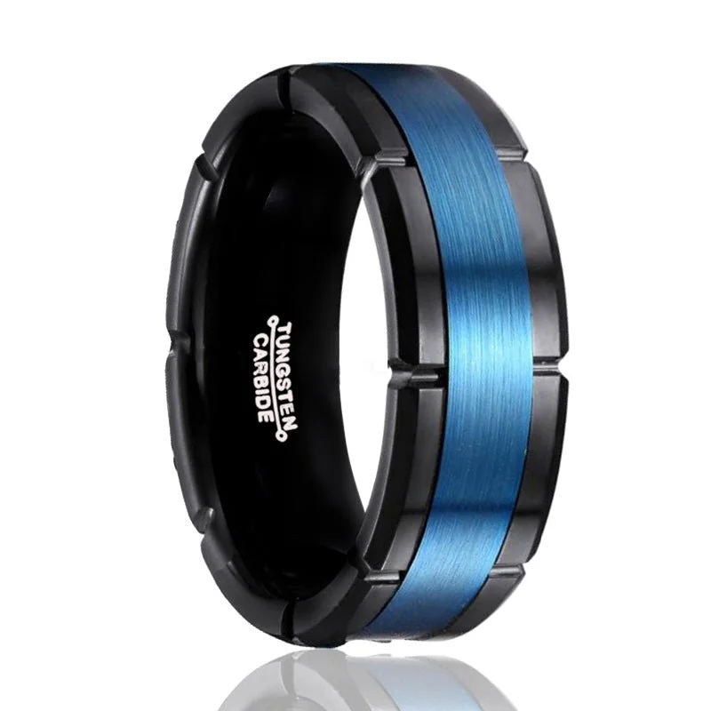 affordable solitaire engagement rings for women-BLIZZARD | Black Tungsten Ring, Blue Brushed Stripe, Notches, Flat