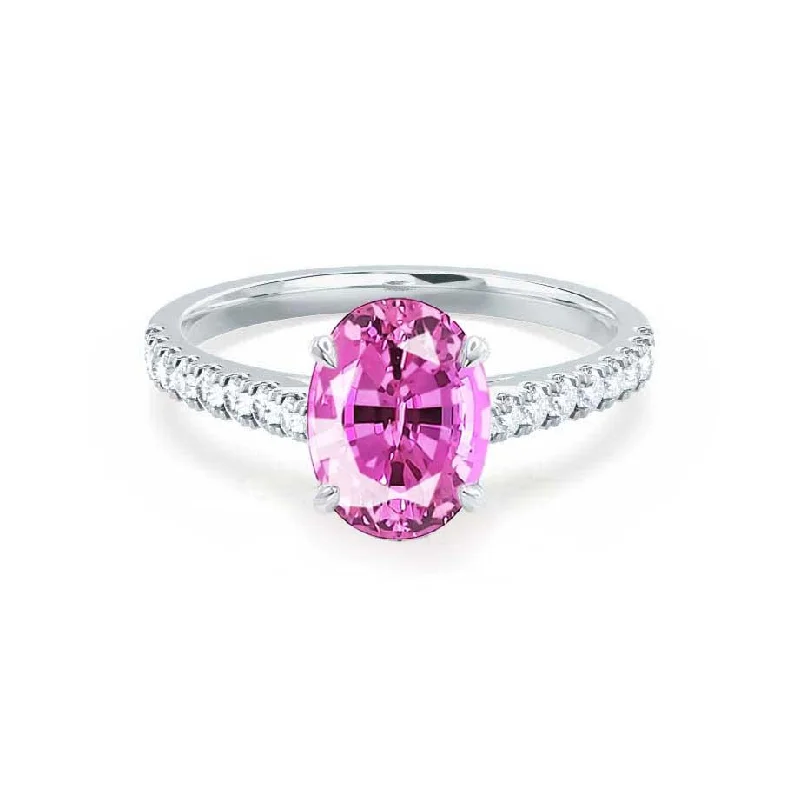 VIOLA - Chatham® Pink Sapphire Oval & Diamond 18k White Gold Shoulder Set Ring