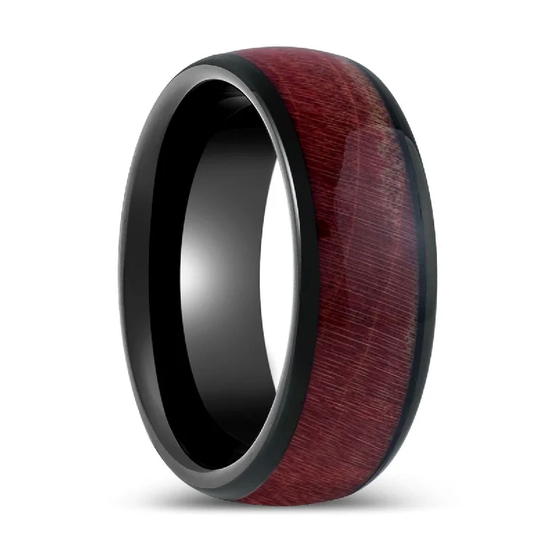 stackable engagement rings sets for women-MATHAIOS | Black Tungsten Ring, Burgundy Solidified Wood, Domed