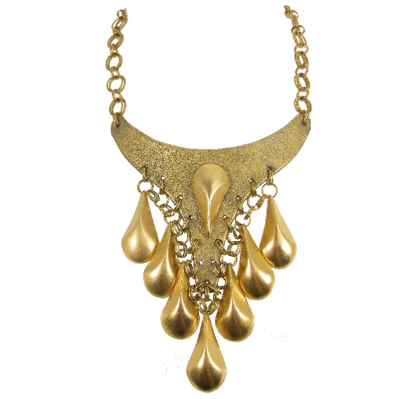 designer necklaces for women-#1130n Gold Tone Bib Necklace With Teardrop Fringe