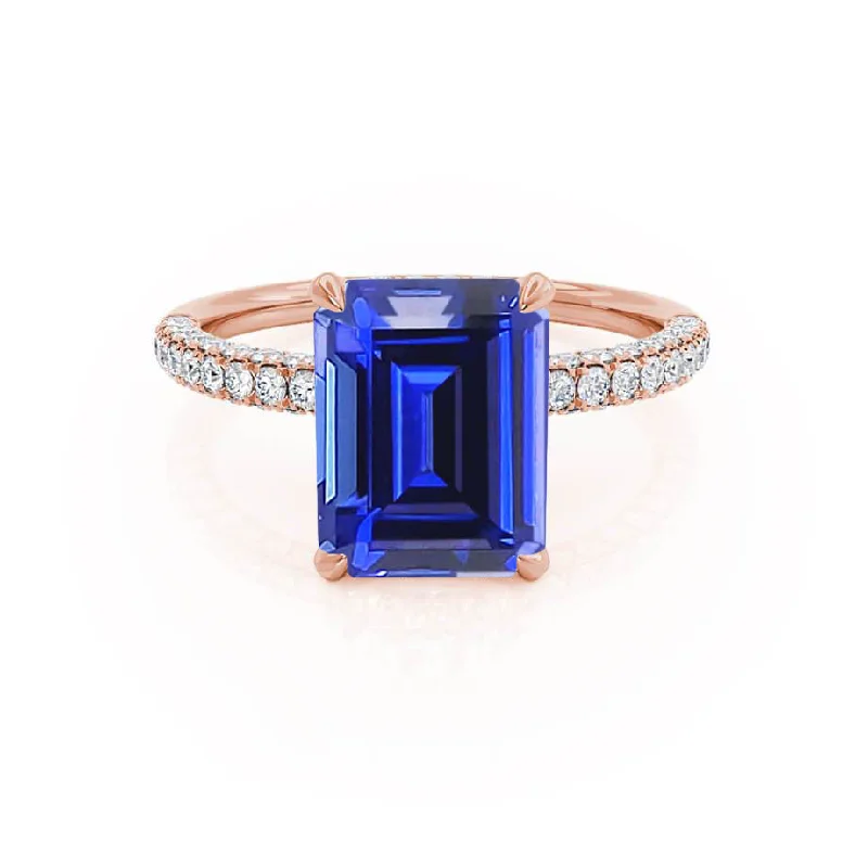 COCO - Chatham® Emerald Blue Sapphire & Diamond 18k Rose Gold Petite Hidden Halo Triple Pavé Ring