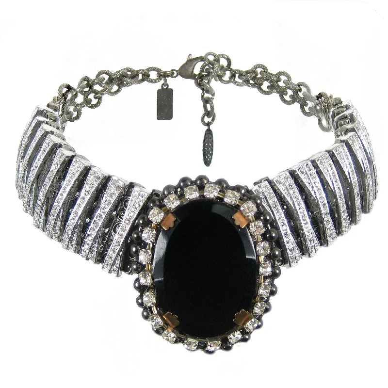 bold statement necklaces for women-#944n Silver Tone & Rhinestone Choker With Large Jet Cabochon