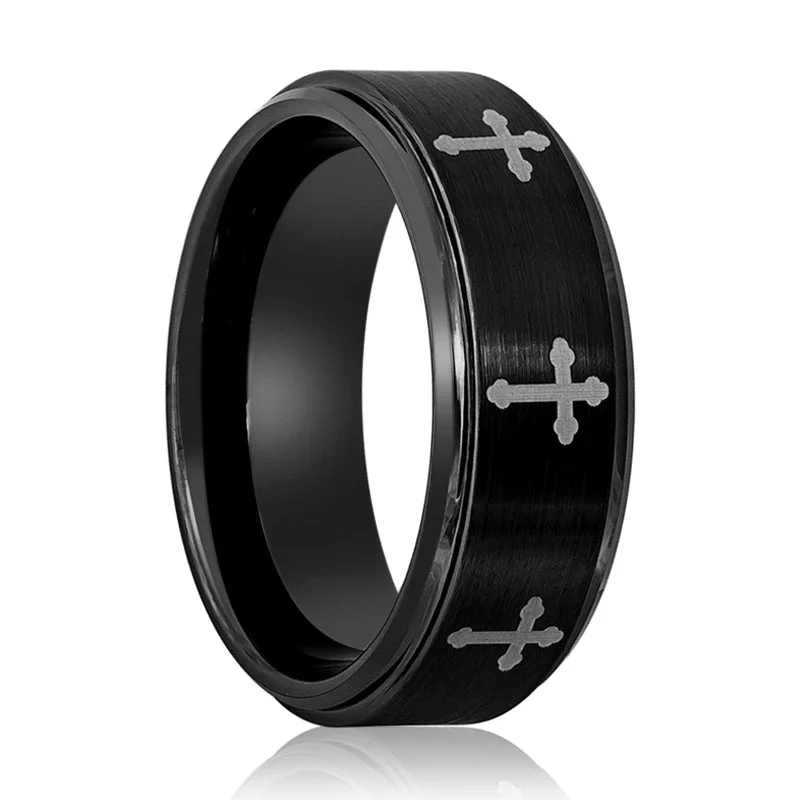 vintage-inspired engagement rings for women-IRONLANCE | Tungsten Ring 8 Laser Engraved Crosses