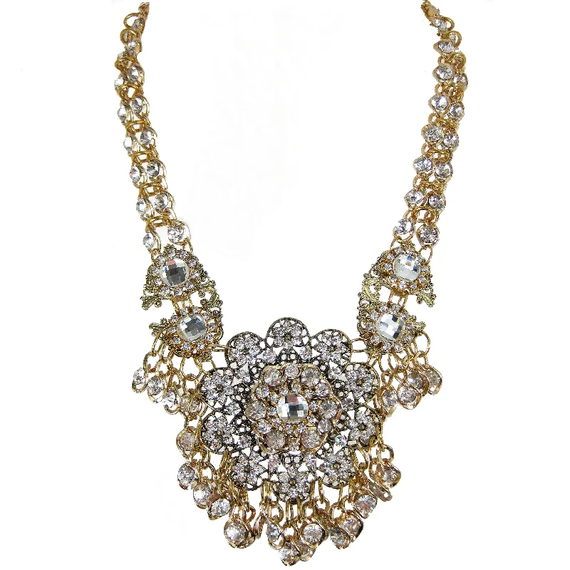 ruby necklaces for women-#1092n Gold Tone Filigree & Crystal Rhinestone Necklace with Floral Medallion